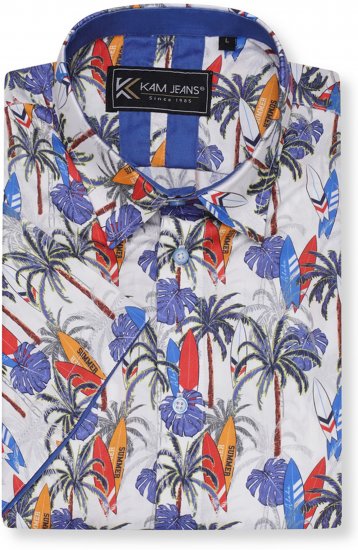Kam Jeans 6060 Palm Tree and Surf Boards Short Sleeve Shirt White - Särgid - Meeste suured särgid 2XL – 8XL