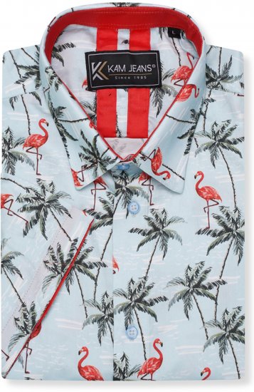 Kam Jeans 6067 Flamingo and Palm Tree Short Sleeve Shirt Blue - Särgid - Meeste suured särgid 2XL – 8XL