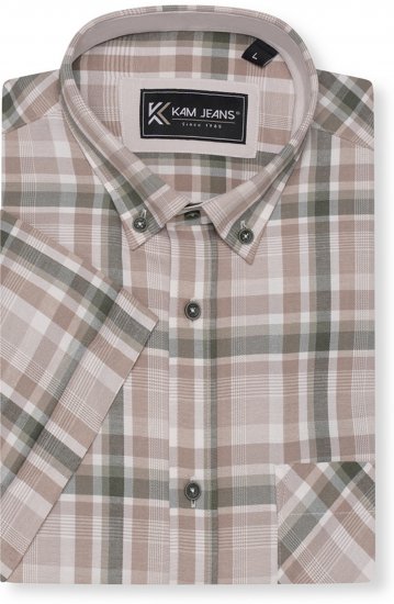 Kam Jeans 6339 Checked Short Sleeve Shirt Beige - Särgid - Meeste suured särgid 2XL – 8XL