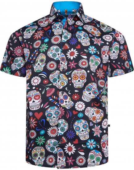 Kam Jeans 6069 Skull Print Short Sleeve Black - Särgid - Meeste suured särgid 2XL – 8XL