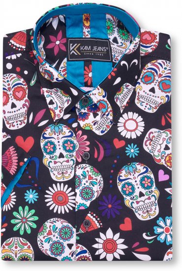 Kam Jeans 6069 Skull Print Short Sleeve Black - Särgid - Meeste suured särgid 2XL – 8XL