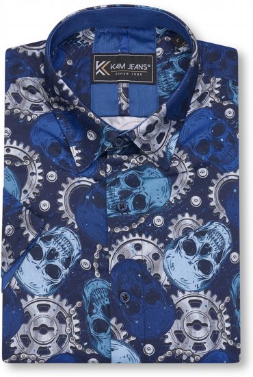 Kam Jeans 6070 Retro Skull Short Sleeve Shirt Navy - Särgid - Meeste suured särgid 2XL – 8XL