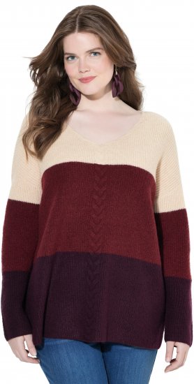 Ulla Popken Cable Knit Block Stripe V-Neck Sweater Dark Ruby - Sviitrid ja dressipluusid - 