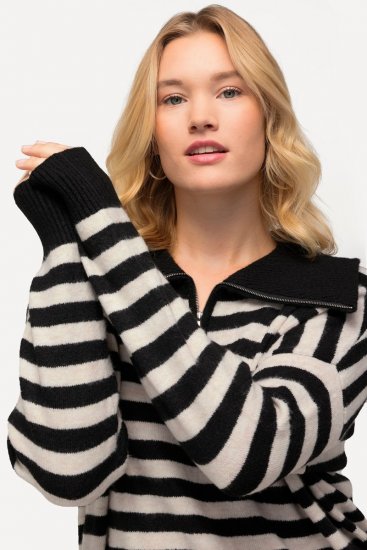Ulla Popken Striped Troyer Collar Sweater Black - Sviitrid ja dressipluusid - Mugavad dressipluusid ja kudumid