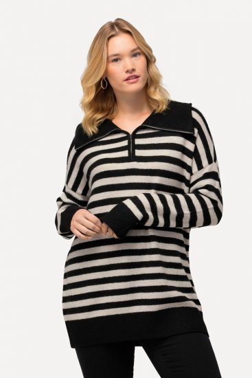Ulla Popken Striped Troyer Collar Sweater Black - Sviitrid ja dressipluusid - Mugavad dressipluusid ja kudumid