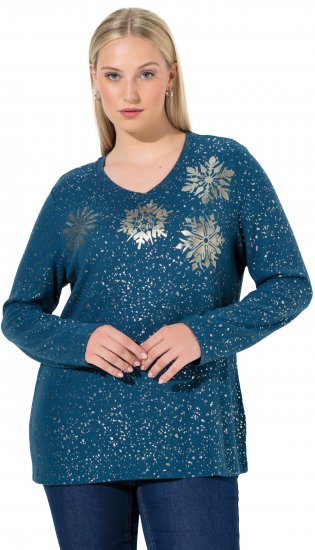 Ulla Popken Metallic Print Extra Soft Christmas Sweatshirt Petrol - Ulla Popken - 