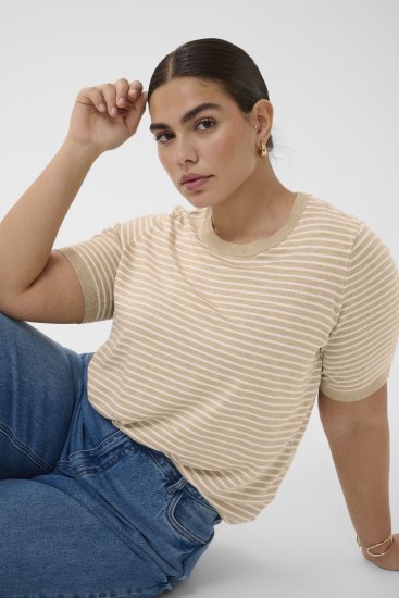 Kaffe Curve Lizzy Knit T-Shirt Feather Melange/Chalk Fine Stripe - T-särgid - 