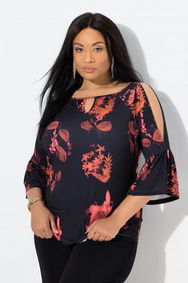 Ulla Popken Botanical Print Cold Shoulder Top Black - T-särgid - 