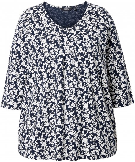 Ulla Popken Floral 3/4 Sleeve V-Neck A-Line Tee Navy - T-särgid - 