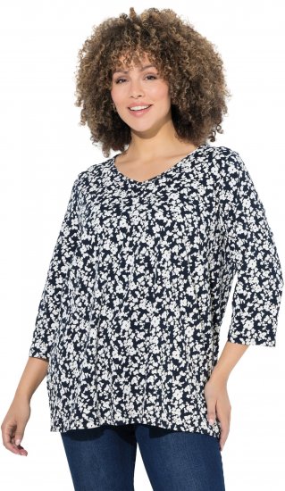 Ulla Popken Floral 3/4 Sleeve V-Neck A-Line Tee Navy - T-särgid - 
