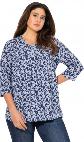 Ulla Popken Floral 3/4 Sleeve V-Neck A-Line Tee Blue - T-särgid - 