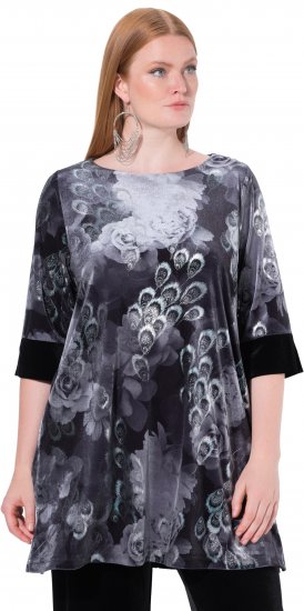 Ulla Popken Velvet Peacock Feather 3/4 Sleeve Tunic Blouse Black - T-särgid - 