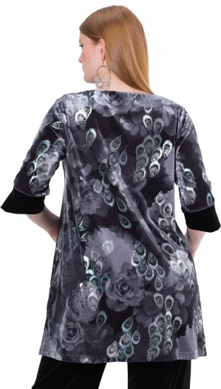 Ulla Popken Velvet Peacock Feather 3/4 Sleeve Tunic Blouse Black - T-särgid - 