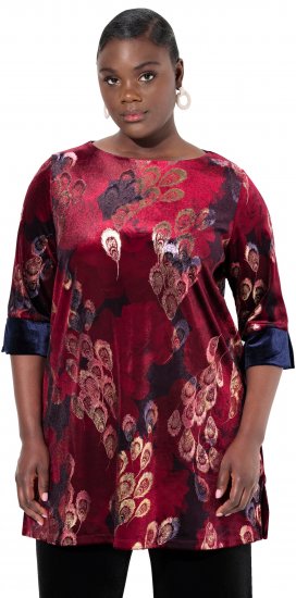 Ulla Popken Velvet Peacock Feather 3/4 Sleeve Tunic Blouse Wine Red - T-särgid - 