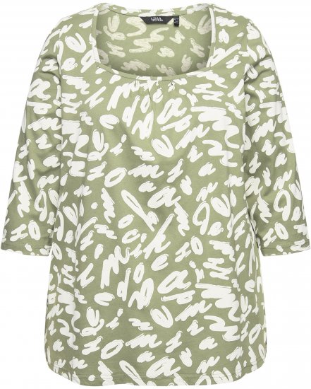 Ulla Popken Scribble Print Square Neck 3/4 Sleeve Tee Sage Green - Trükitud/pildiga T-särgid naistele - 