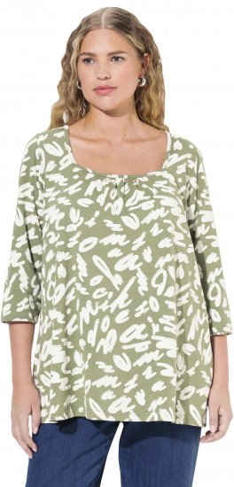 Ulla Popken Scribble Print Square Neck 3/4 Sleeve Tee Sage Green - Trükitud/pildiga T-särgid naistele - 