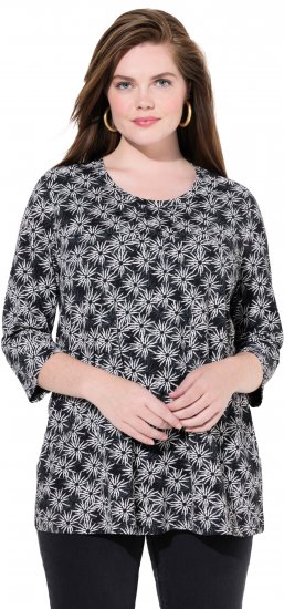 Ulla Popken Graphic Flower A-Line 3/4 Sleeve Tee Black - T-särgid - 