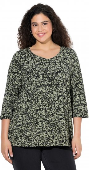 Ulla Popken Pleated Floral Print 3/4 Sleeve Tee Pond Green - Trükitud/pildiga T-särgid naistele - 