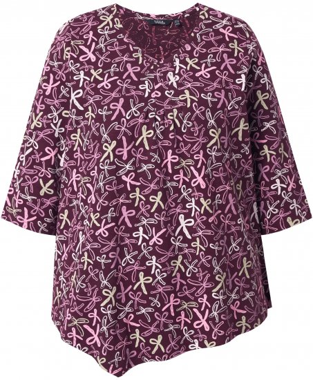 Ulla Popken Ribbon Print 3/4 Sleeve Asymmetric Tee Plum - Trükitud/pildiga T-särgid naistele - 