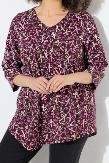 Ulla Popken Ribbon Print 3/4 Sleeve Asymmetric Tee Plum - Trükitud/pildiga T-särgid naistele - Trükiga T-särgid naistele