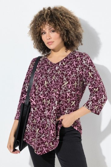 Ulla Popken Ribbon Print 3/4 Sleeve Asymmetric Tee Plum - Trükitud/pildiga T-särgid naistele - Trükiga T-särgid naistele