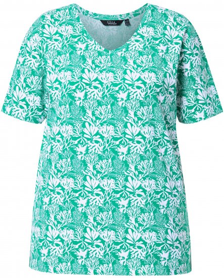 Ulla Popken Coral Reef Printed Short Sleeve V-Neck Tee Emerald - Trükitud/pildiga T-särgid naistele - 