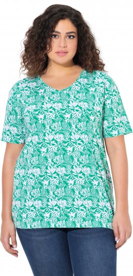 Ulla Popken Coral Reef Printed Short Sleeve V-Neck Tee Emerald - Trükitud/pildiga T-särgid naistele - 