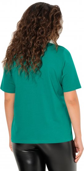 Ulla Popken Embroidered Face Motif Short Sleeve V-Neck Tee Emerald Green - Trükitud/pildiga T-särgid naistele - 
