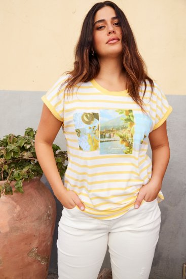 Ulla Popken Striped Short Sleeve Citrus Graphic Tee Sun Yellow - Trükitud/pildiga T-särgid naistele - 