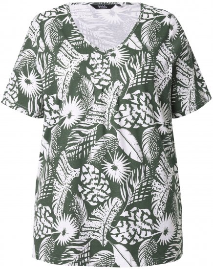 Ulla Popken Feather Print Short Sleeve V-Neck Tee Olive Grey - Trükitud/pildiga T-särgid naistele - 