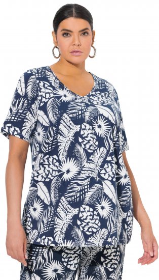 Ulla Popken Feather Print Short Sleeve V-Neck Tee Ink Blue - Trükitud/pildiga T-särgid naistele - 