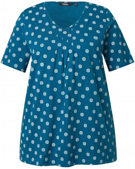 Ulla Popken Tile Print Short Sleeve Pleated Tee Teal - Trükitud/pildiga T-särgid naistele - 