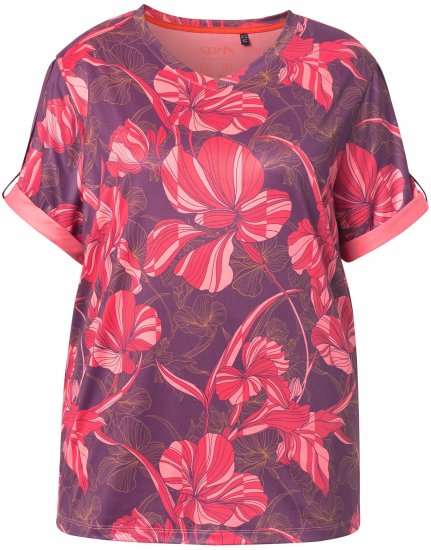 Ulla Popken Quick Drying Flower Print Short Sleeve Tee Dark Cherry - Trükitud/pildiga T-särgid naistele - 