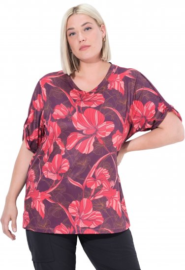 Ulla Popken Quick Drying Flower Print Short Sleeve Tee Dark Cherry - Trükitud/pildiga T-särgid naistele - 