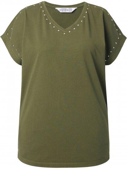 Ulla Popken Oversized studded Acid-washed V-Neck T-shirt Palm Green - T-särgid - 