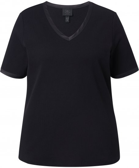 Ulla Popken Satin Trimmed Ribbed Jersey Short Sleeve T-Shirt Black - T-särgid - 