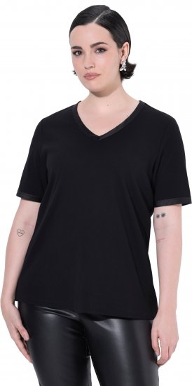 Ulla Popken Satin Trimmed Ribbed Jersey Short Sleeve T-Shirt Black - T-särgid - 