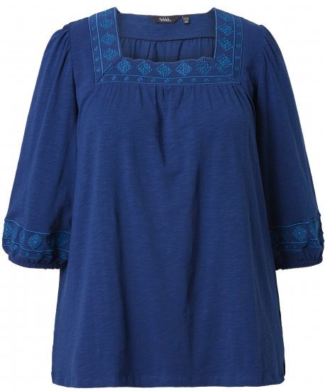 Ulla Popken Embroidered Detail 3/4 Sleeve Tee Dark Blue - Trükitud/pildiga T-särgid naistele - 