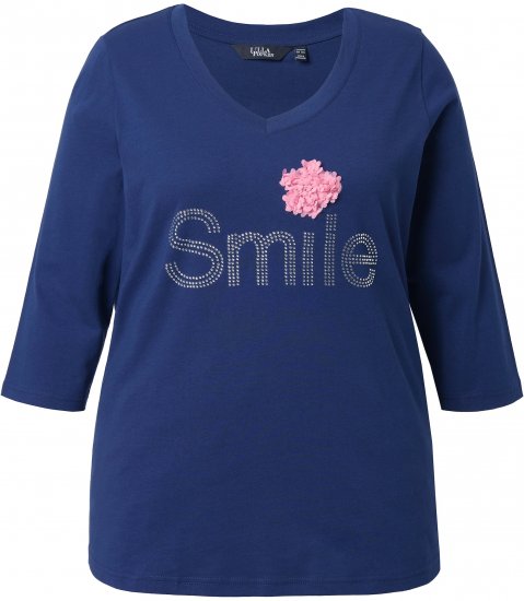 Ulla Popken Smile Rhinestone 3/4 Sleeve Graphic Tee Ink Blue - Trükitud/pildiga T-särgid naistele - 