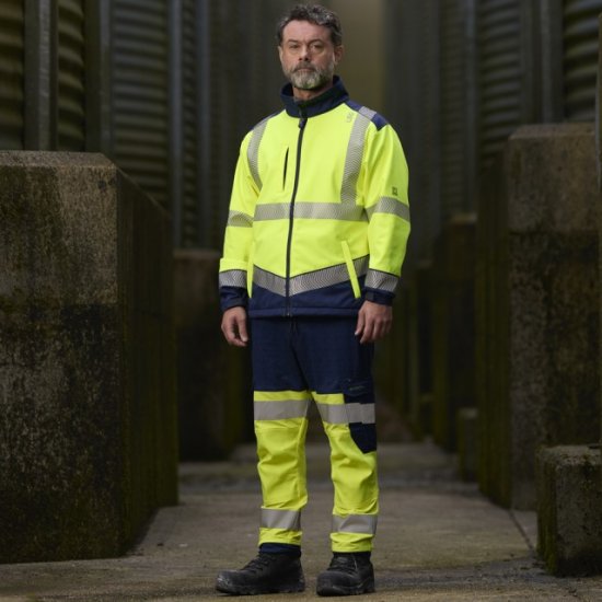 Leo Bowden Ecoviz Softshell Jacket Hi-Vis Yellow/Navy Print - Tööriided - Suured tööriided