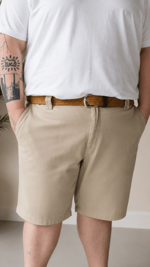 Kam Jeans 3402 Belted Dobby Weave Stretch Chino Shorts Beige - Lühikesed püksid - Lühikesed Püksid suured suurused: W40-W60